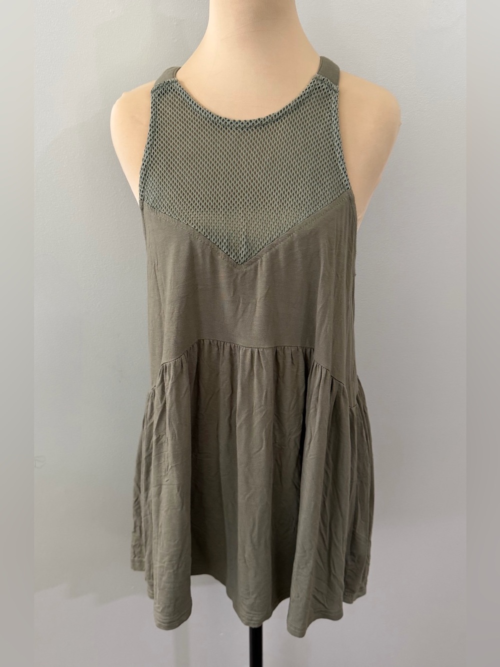 POL Olive Green Mesh High Neck Flowy Pleat Peasant Cotton Women's Tank Top Shirt